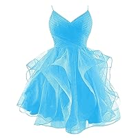 Glitter Tulle Tiered Short Homecoming Dresses 2024 V-Neck Prom Dresses Spaghetti Straps Mini Cocktail Dresses for Teens