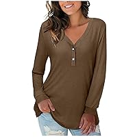 Button Womens Blouses Solid Color Shirt Long Sleeve Vneck Tee Tops Comfort Leisure Tunic Fall Spring Daily Cloth
