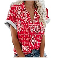 Women T Shirt Summer Solid Lapel V Neck Blouses Short Sleeve Button Down Tee Tops with Pocket Plus Size Loose Shirts