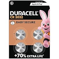 Duracell CR2032 Lithium Coin Batteries 3V (4 Pack) - Up to 70% Extra Life* - Baby Secure Technology – Recommended for use in Apple AirTag - Use in Key Fobs, Home Devices, Fitness, Medical Accessories