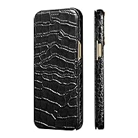 Case for iPhone 14 Pro, Classic Crocodile Pattern Magnetic Genuine Leather Phone Cover, Wireless Charging Compatible, Flip Case with Microfiber Lining 6.1inch 2022,Black