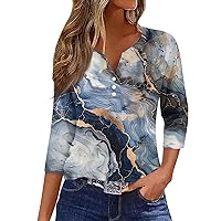 Boho Clothes for Women,3/4 Length Sleeve Womens Tops Button Henley V Neck Shirts Henley 2024 Summer Blouses Dressy Fashion Print Clothes Petite Tops for Women 3/4 Sleeve