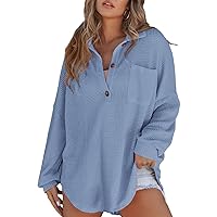 Astylish Women Waffle Knit Top Henley Shirts Long Sleeve V Neck Solid Color Casual Tunic