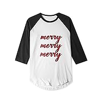Hat and Beyond Mens Festive Holiday Graphic Print Merry Merry Merry Plaid Font 3/4 Sleeve Classic Raglan T-Shirt