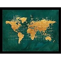 buyartforless Framed World Map Gold Foil by Beth Albert 16x12 Art Print Poster World Map Gold Green Made in The USA!