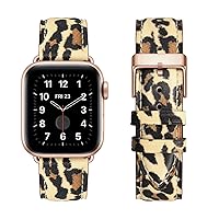 OMIU Square Bands Compatible with Apple Watch Band 38mm 40mm 41mm 42mm 44mm 45mm 49mm, Genuine Leather Wristband Starp for iWatch SE SE2 Series 9 8 7 6 5 4 3 2 1 Ultra for Women Men(Leopard/Rose Gold)