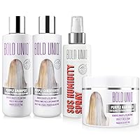 Bold Uniq Anti-Humidity Spray & Purple Shampoo, Conditioner & Mask Bundle - Heat Activated Treatment for Static Control - Eliminates Brassy Tones From Blonde, Platinum, Silver/Gray Hair.