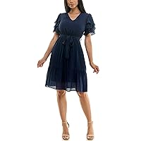 Nanette Nanette Lepore Women's Carribean Texture Dress with Self Tie Belt and Tiered Flutter Sleeve