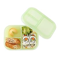 Bumkins Snack/Lunch Bento Box for Kids and Adults, 3 Compartment Container, Leak Proof Lid, for Portioning, Large Section Can Hold Sandwich, Food-Safe LFGB Platinum Silicone, Microwave-Safe, Green