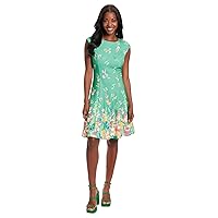 London Times Women's Floral Border Cap Sleeve Fit & Flare Dress, Summer Green/Butter Cup