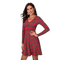 Dresses for Women - 1pc Tartan Print -Neck Dress (Color : Red, Size : Small)