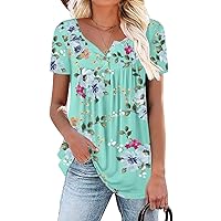 Aodemo Women's 2024 Summer Henley V Neck Button Up Tunic Ladies Loose Fit Tops Flowy Short Sleeve/Sleeveless Blouse