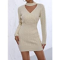 Sweater Dress for Women Choker Neck Cable Knit Sweater Dress Sweater Dress for Women (Color : Apricot, Size : Large)