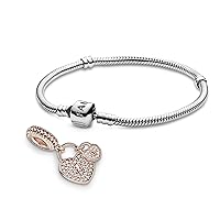 Pandora Jewelry Bundle with Gift Box - Love Locks Pendant Cubic Zirconia Charm in Rose Gold & Moments Sterling Silver Snake Chain Charm Bracelet with Barrel Clasp, 7.1