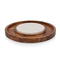 PICNIC TIME Isla Serving Platter with Marble Cheeseboard Insert, Acacia Wood Charcuterie Board Set, Round Serving Chopping Tray, (Acacia Wood with Marble)