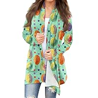 Long Easter Cardigan,Women's Long Sleeve Easter Egg and Bunny Printed Jacket Crew Neck Trendy Cardigan Casual Cardigan