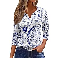 Womens Henley,3/4 Length Sleeve Womens Tops Button Henley V Neck Shirts Henley 2024 Summer Blouses Dressy Fashion Print Clothes Women's 3/4 Sleeve Shirts
