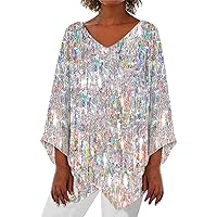 Womens Plus Size Long Sleeve Sparkly Shirt Casual V Neck Loose Graphic Pullover Tunic Top Glitter Sequin Print Blouse