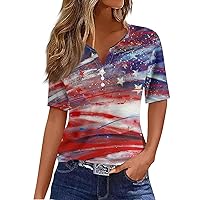 Flag Day Summer 3/4 Sleeve Tops for Women Plus Size USA Printed 4th of July Shirts Casual V-Neck Independence Day