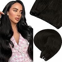 LaaVoo Micro Beaded Weft Extensions Remy Hair Off Black 16 Inch 50g Bundle Sew in Weft Hair Extensions Black Hair Weft Extensions Human Hair Jet Black 14inch 80G