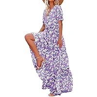 Floral Dress for Women 2024 Bohemian Casual Ruched Pretty with Bubble Sleeve Scoop Neck Flowy Dresses