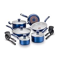 T-fal Initiatives Ceramic Nonstick Cookware Set 14 Piece Oven Safe 350F Pots and Pans Blue