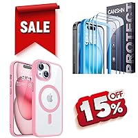 CANSHN Clear Pink Magnetic Designed for iPhone 15 Case + 3 ack for iPhone 15 Screen Protector Tempered Glass & Camera Lens Protector Accessories - 6.1 Inch