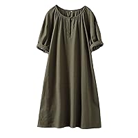 Minibee Women's Cotton Linen Dress Short Sleeve Midi Casual Plus Size Tunic Dress with Pockets