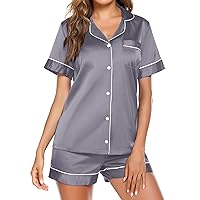 Ekouaer Pjs for Women Set Button Down Sleepwear Silky Satin Pajamas Short Sleeve Sleep Top with Short Shorts Set Grey,Medium