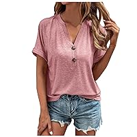 Summer Blouses for Women 2024 Trendy V Neck T Shirts Button Front Tunic Shirt Solid Color Loose Fit Going Out Tops