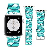 Compatible with Apple Watch Band Series 1/2/3/4/5 (38mm/40mm), Pattern Printed Bands PU Leather Replacement Strap - Cute Dolphin and Sea Wave Pattern