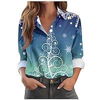 Women's Fall Fashion Shirt Blouse Christmas Print Button Long Sleeve Casual Basic Shirt Collar Regular Top, S-3XL
