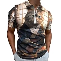 Japanese Sushi Cat Mens Polo Shirts Quick Dry Short Sleeve Zippered Workout T Shirt Tee Top
