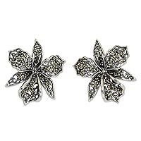 Handmade .925 Sterling Silver Marcasite Button Earrings Fair Trade with Grey Thailand Floral [1 in L x 0.9 in W] 'Jungle Orchid'