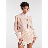 Jackets for Women Jackets - Floral Print Flap Pocket Puff Sleeve Jacket (Color : Baby Pink, Size : Small)