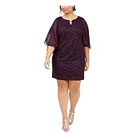 Connected Apparel Womens Purple Frayed Sheer Sleeves 3/4 Sleeve Keyhole Above The Knee Cocktail Sheath Dress Plus 16W