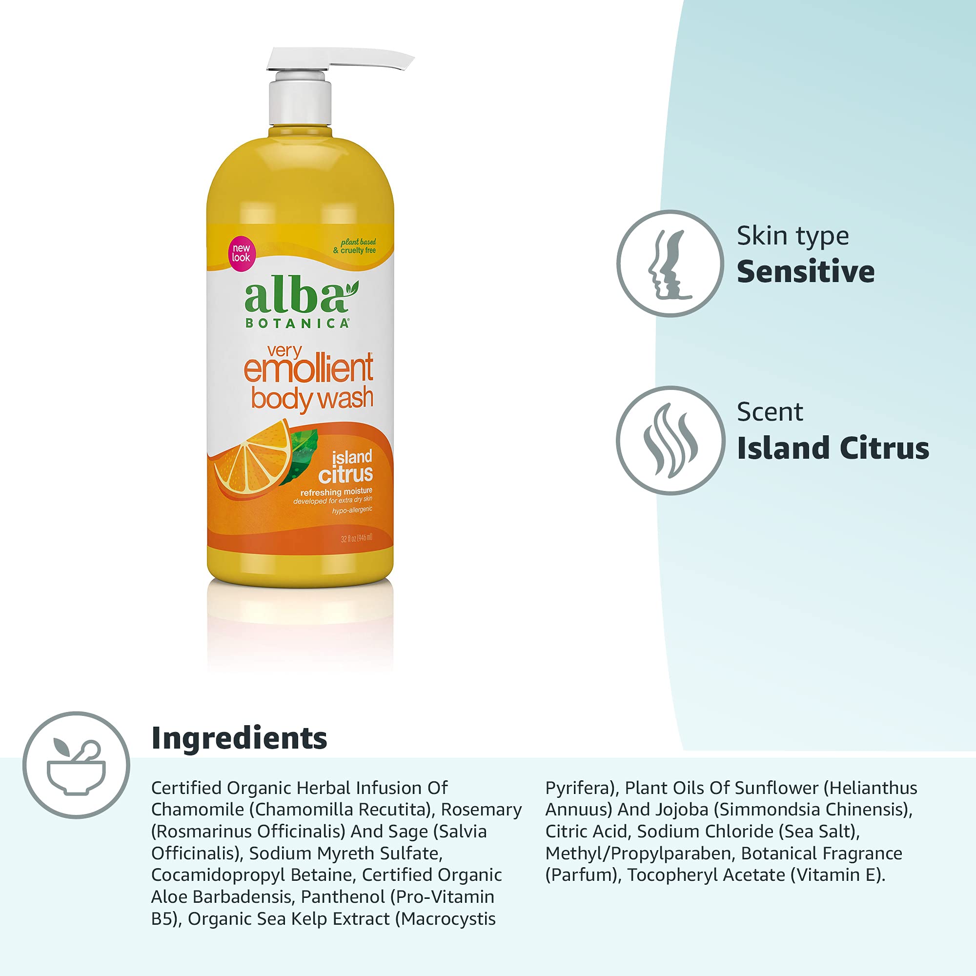 Alba Botanica Very Emollient Bath & Shower Gel, Island Citrus, 32 Fl Oz (Pack of 1)