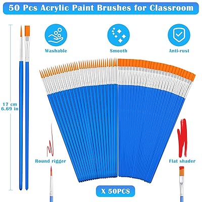 50Pcs Round Paint Brushes Bulk, Small Paint Brushes Classroom Brushes Set  for Kids Model Canvas Painting Face Acrylic Watercolor Oil and Crafts 