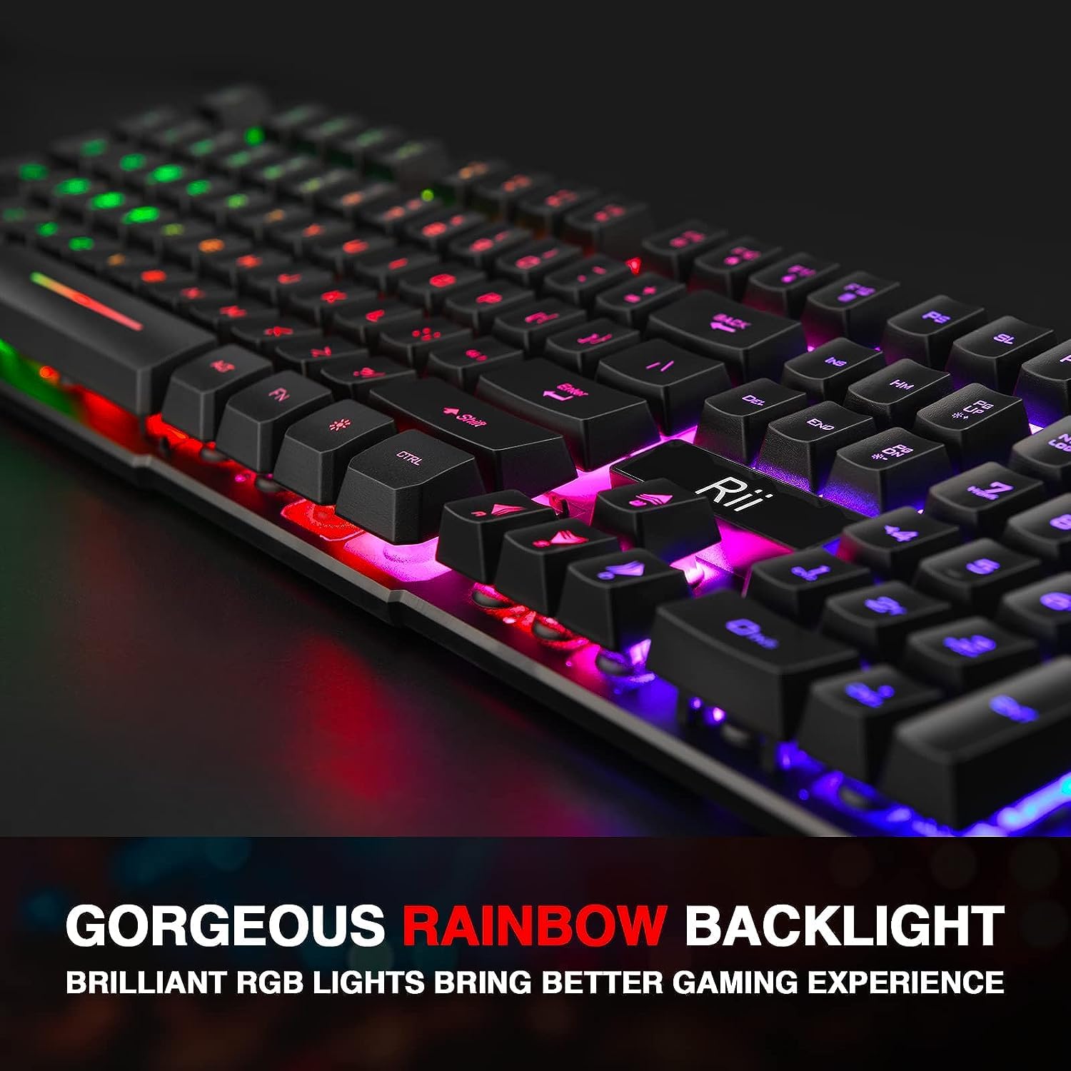 Rii RK100+ Multiple Color Rainbow LED Backlit Large Size USB Wired Mechanical Feeling Multimedia PC Gaming Keyboard,Office Keyboard for Working or Primer Gaming,Office Device