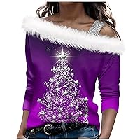 Women's Christmas Tops Autumn and Winter Long Sleeved Single Shoulder Strap Print Pullover Top Shirts, S-3XL