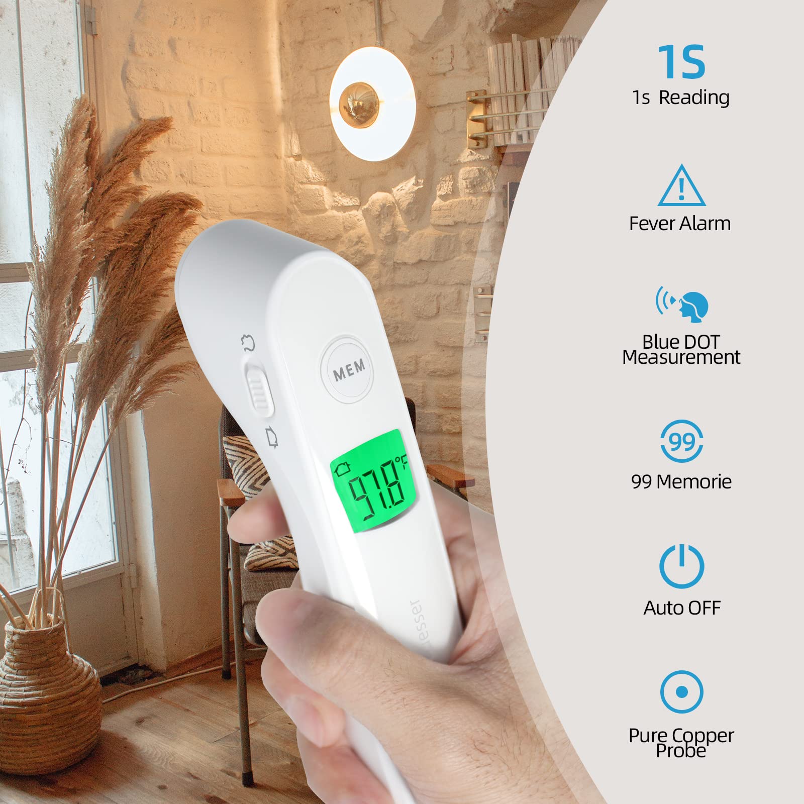 Smart Guesser No-Touch Infrared Forehead Thermometer for Adults and Baby, Digital Thermometer with Fever Alarm and Memory Function, White