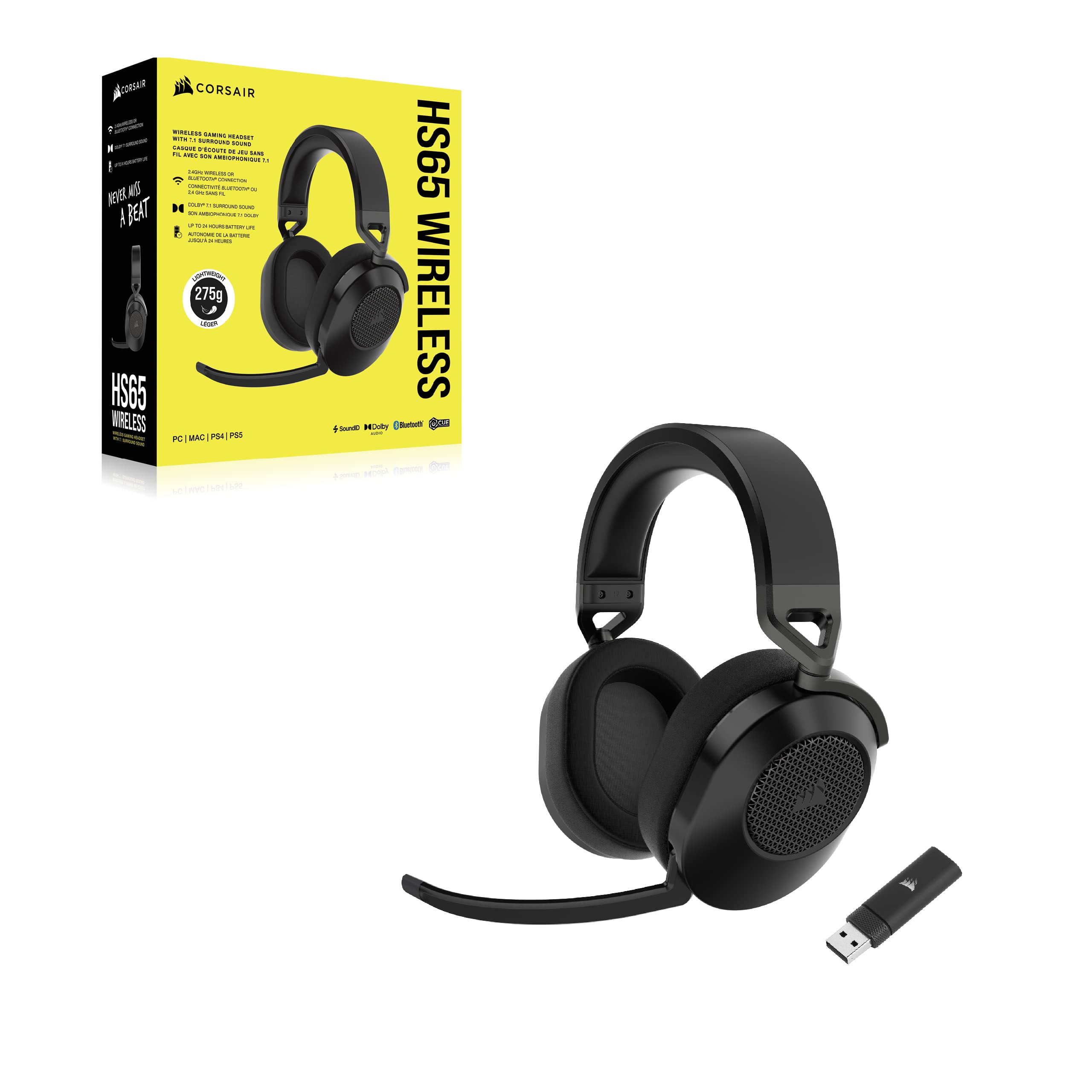 Corsair HS65 Wireless Multiplatform Gaming Headset with Bluetooth - Dolby Audio 7.1 - Omni-Directional Microphone - iCUE Compatible - PC, Mac, PS5, PS4, Mobile - Carbon