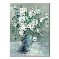 UTOP-art Floral Canvas Wall Art Painting White Rose Flower Green Leaves Hand Painted Texture Picture Artwork For Bedroom Plant Wall Decor Bathroom Walls Office(18'' x 24'' x 1 Panel)