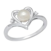 Dazzlingrock Collection 5.5 mm Round White Freshwater Pearl & White Diamond Ladies Elegant Heart Shape Love Promise Engagement Ring | 925 Sterling Silver