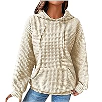 Womens Hoodies Casual Long Sleeve Drawstring Waffle Pullover Tops Loose Hooded Sweatshirt with Pocket