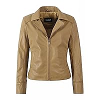 Ladies Biker Leather Jacket Beige Classic Style Casual Slim Fit Fashion Jacket 9825