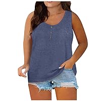 Tank Top for Women Plus Size Stretchy Button Down Scoop Neck Sleeveless Shirts Cute Summer Plain Tunic