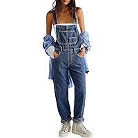 Pink Queen Women's Denim Bib Overalls Casual Loose Adjustable Straps Wide Legs High Waist Jean Pants Jumpsuits with Pockets