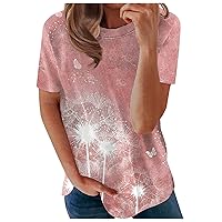 Women's T-Shirts Crew Neck Dandelion Print Short Sleeve Casual Tee Tops Cute Graphic Shirts Trendy Basic Blouse