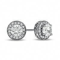 Vintage 2Ct.t.w. Round Brilliant Diamond Halo Stud Earrings Cubic Zirconia in 14k White Gold Plated Sterling Silver